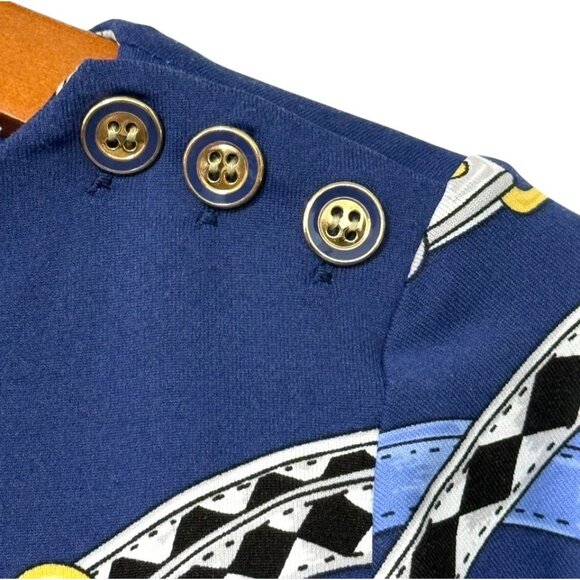 J. McLaughlin Signature Tee Top Catalina Cloth Navy Gold Belts Preppy Size L - Picture 3 of 11